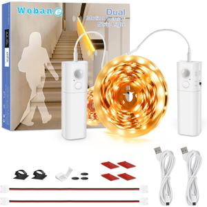 WOBANE Dual Motion Sensor Under Bed Lights,Rechargeable 16.4ft LED Light Strip,Battery Powered Tape Light for Shelves,Cabinet,Anywhere,PIR Detector,Cuttable,Flexible,2700K Warm White
