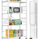 Himix Storage Shelves with 20 Hooks, 4-Tier Foldable Shelves for Storage, Folding Shelf Unit Pantry Shelves with Wheels, Metal Shelving Storage Rack Shelf for Kitchen Garage Home, White - No Assembly