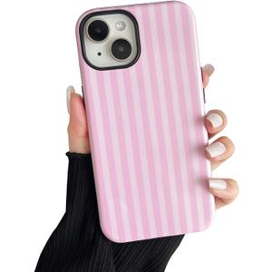 Compatible with iPhone 15 Case, Cute Fashion Aesthetic Striped Pattern Cover for Women, Shockproof Soft TPU and Hard PC Protective Phone Case for iPhone 15 6.1"- Pink