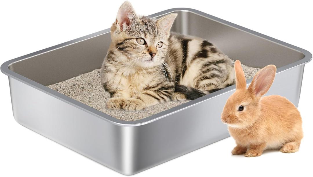 Stainless Steel Litter Box - Metal Cat Litter Box -4 H Cat Litterbox Low Entry Pet Toilet Supplies for Kitty, Kitten, Rabbit, Puppy,No Stick Easy Clean-No Smell (Medium (17.5" x 13.6" x 4"))