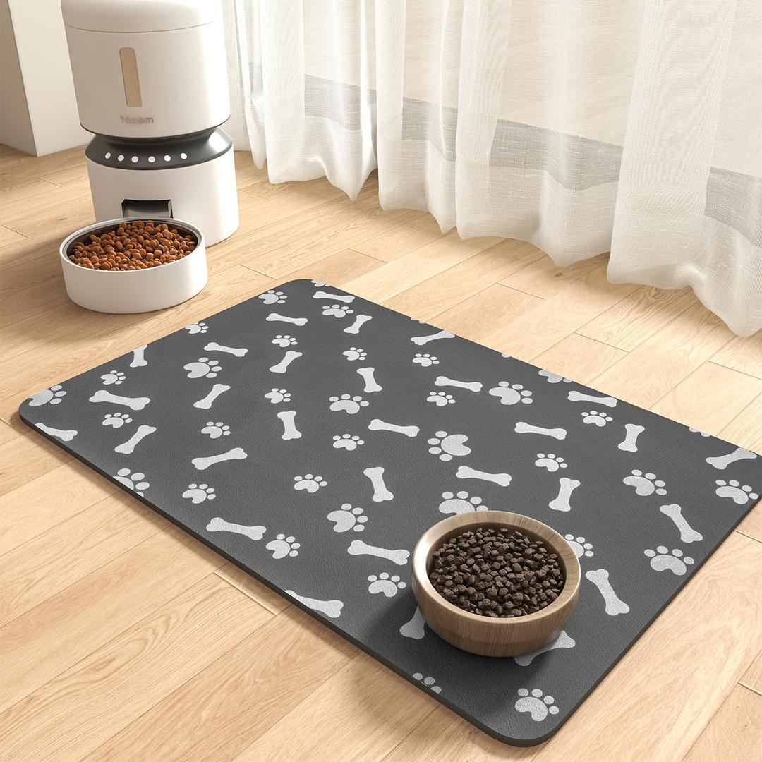 MontVoo Dog Food Mat-Pet Feeding Mat for Food and Water-No Stains Quick Dry Dispenser Cat Bowl Mat for Messy Drinkers(16"X24" Dark Grey)