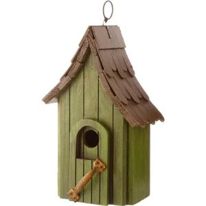 Glitzhome Green Hand Painted Garden Wood Birdhouse with Single Roof Hanging Bird House for Outside
