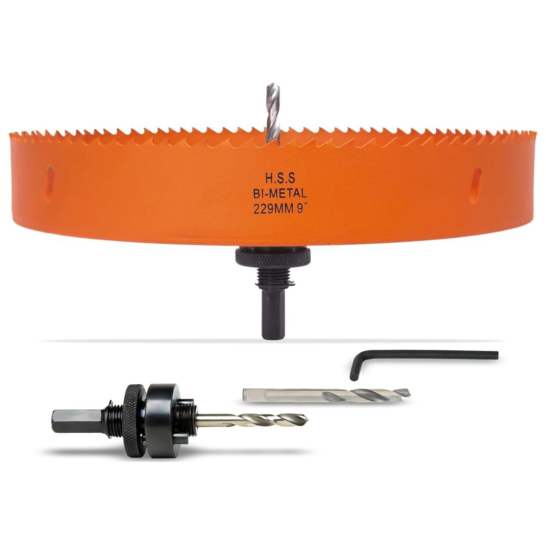 9 Inch Hole Saw with Arbor for Metal Wood Plastic, 9 in Bi-Metal Hole Cutter for Different Project with Smooth and Flat Drilling Edge, Fast Chip Removal, Lighter and Portable
