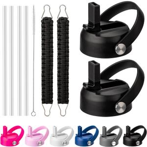 Straw Lid for Hydroflask 12 16 18 20 32 40 64 oz,Replacement Lids with Straw for Hydro Flask Wide Mouth Straw Top Water Bottle,Flex Straw Cap Accessories Fits Thermoflask&Iron Flask (Black 2 pack)
