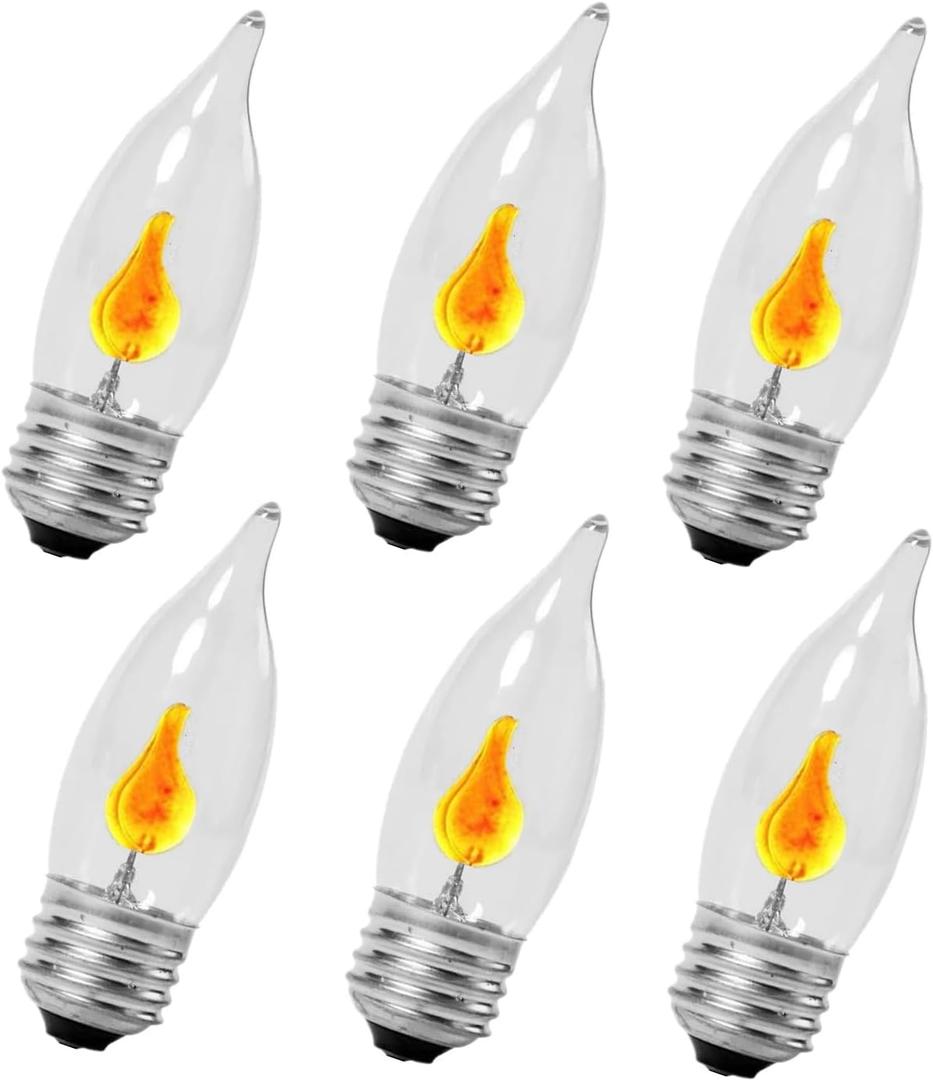 6 Pack Flicker Flame E26 Light Bulbs, E26 Standard Base, Flickering Orange Glow,3W Candle Style Flame Tip Lights with Warm Orange Glow for Chandeliers, Lanterns and Home Decor