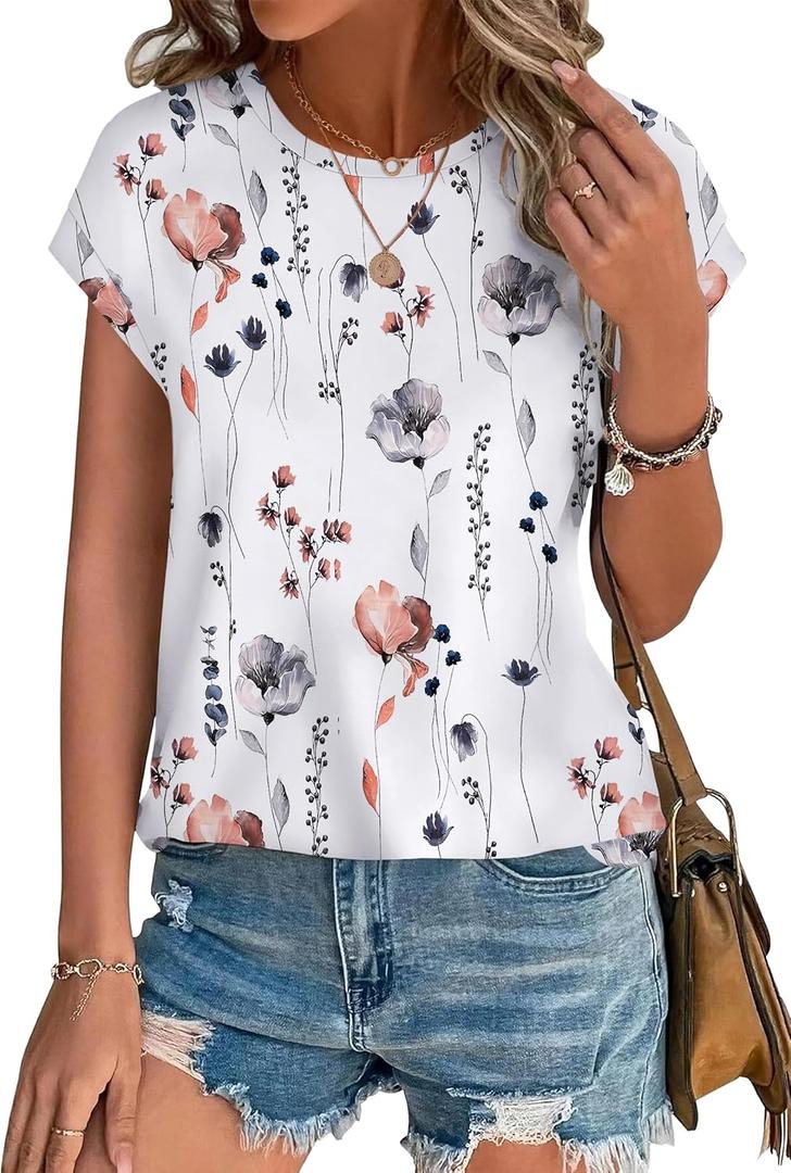 XIEERDUO Womens Tops Short Sleeve Shirts Blouses for Women Dressy Casual Cap Sleeve Tops with Curved Hem (Large, N-white Flower)