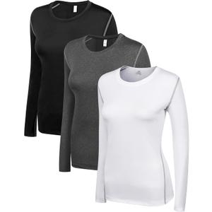 WANAYOU 2-3 Pack Women's Compression Shirt Long Sleeve Dry Fit Workout Tops Breathable Undershirt Running Athletic Base Layer (3 Pack(black+white+grey))