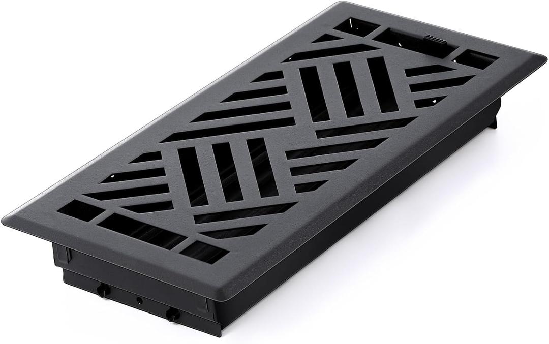 Blulu 1 Pack Floor Register 4" x 10" Black Vent Covers, Heavy Duty Walkable Steel Floor Vent Covers, Diagonal Pattern for Easy Air Flow, Adjustment Damper Rust Proof Finish for Home Decor