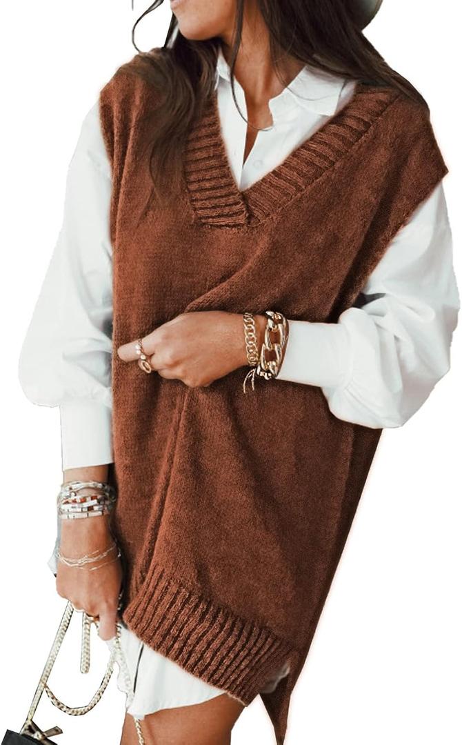 EVALESS Oversized Sweater Vest for Women V Neck Sleeveless Solid Color Loose Pullover Sweater (Brown, S)