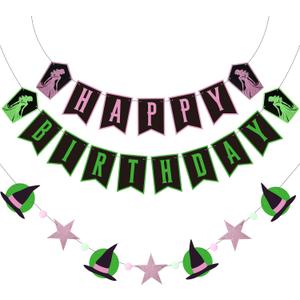 VitalCozy Witch Theme Happy Birthday Banner, Pink and Green Birthday Hanging Banner Witch Princess Backdrop Decorations for Women Movie Theme Party Decor