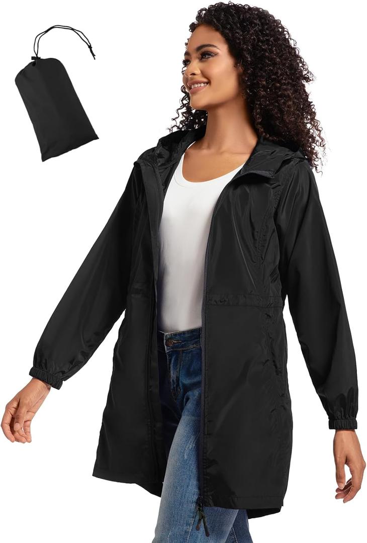 SaphiRose Women's Long Packable Raincoat Waterproof Rain Jacket Lightweight Outdoor Windbreaker with Hood, Black Size XXL