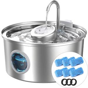 Cat Water Fountain Stainless Steel: 3.2L/108oz Cat Fountain with Water Level Window-Quiet Water Drinking Dispenser Pet Fountain Metal Kitty Spout for Cats with 6 Replacement Filters