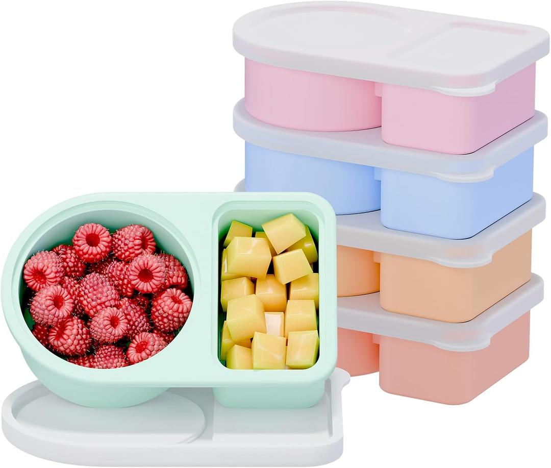5 Pack Silicone Snack Containers, 2 Compartments Reusable Snackle Box with Lids, 8 oz, Rainbow