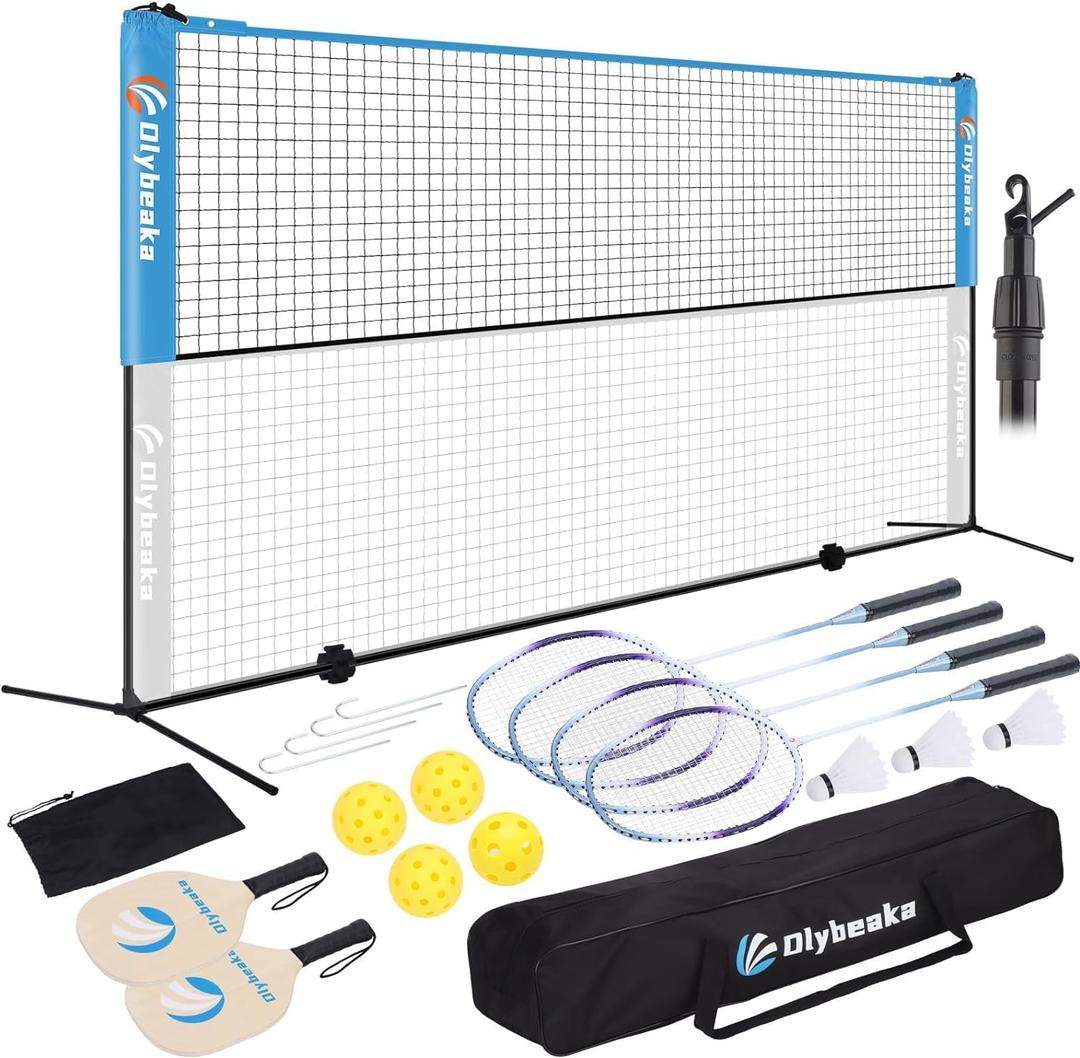 17FT Portable Pickleball Badminton Net Set Outdoor, Height Adjustable Multi Sports Net Set for Backyards Driveway with 4 Aluminum Rackets, 2 Pickle Paddles and Carry Bag, Easy Set Up & Durable