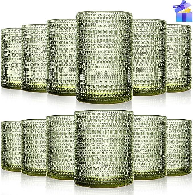 Vintage Glassware Drinking Glasses Set Of 12, Green 14Oz & 11Oz Hobnail Glass Cups Elegant Bubble Old Fashioned Glassware For Juice & Cocktails, Dishwasher Safe, Perfect For Home, Parties & Gifts
