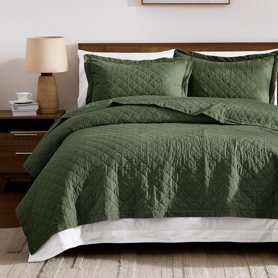 WDCOZY 100% Cotton Quilt King Size Bedspread, Pre-Washed 3-Piece Lightweight Soft Coverlet Set with 2 Pillow Shams, Farmhouse Design All Season Bedding Set, Olive Green