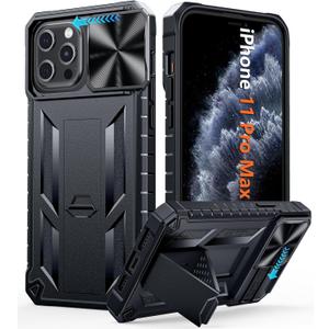 FNTCASE for iPhone 11 Pro-Max Case: Military Grade Drop & Shock Protection Cell Phone Cover with Kickstand & Slide | Rugged Protective Bumper Textured (Black)