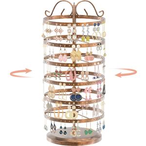 iDavosic.ly 6 Tier Metal Rotating Earring Holder Organizer, 264 Holes Large Stud Storage Display Stands Tree Rack, Adjustable Pierced Hoop Dangle Tower for Women, Bronze