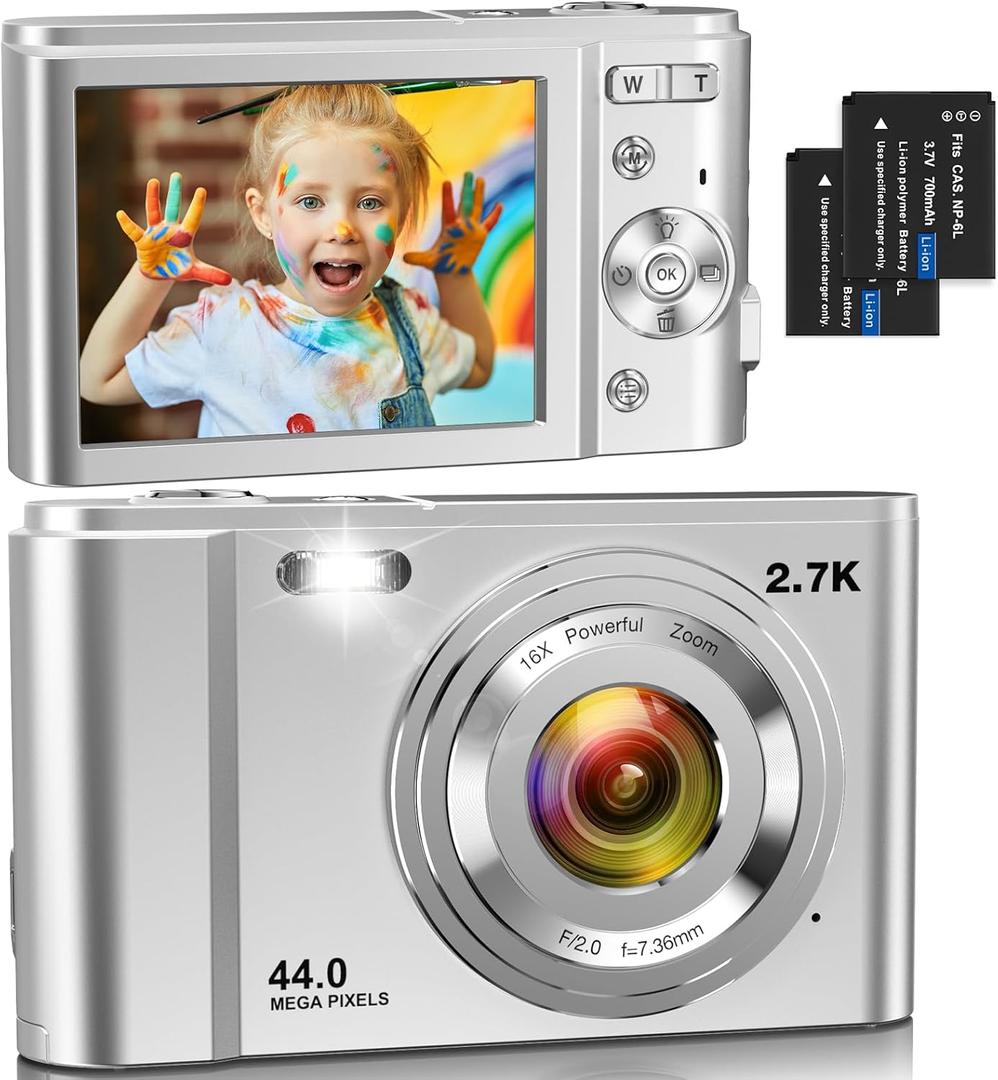 Digital Camera for Kids, FHD 44MP Point and Shoot Digital Cameras with 2 Batteries, 16X Zoom, Anti-Shake, Flash Light, Compact Small Portable Cameras for Kids Teens Boy Girl, Silver