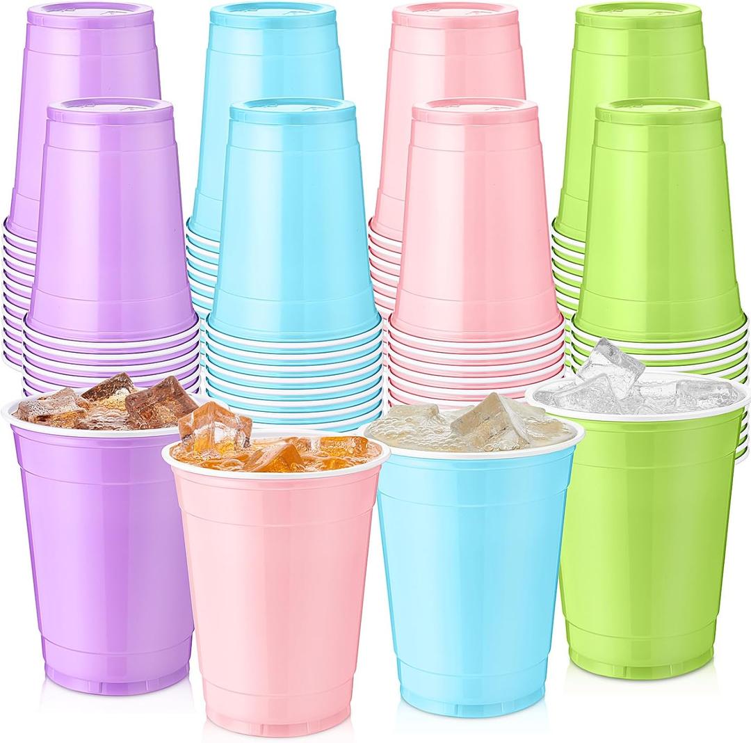 Reallnaive 100 Pcs 12 oz Disposable Plastic Party Cups, Rainbow Color Drinking Cups, Durable & Lightweight Reusable for Parties, Holidays, Events & Home Use (Pastel)
