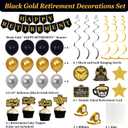 Retirement Party Decorations Men Women, Black Gold Happy Retirement Decorations, Happy RetIrement Banner, Retired Backdrop, Balloons, Pompoms, Hanging Swirls, Retired Cards, Cake Toppers Set 54pcs