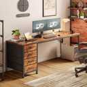 63 Inch Computer Office Desk with Power Outelts and USB-C Port, Reversible Gaming Desk with 4 Fabric Drawers, Work Study Desk Work from Home, Rustic Brown