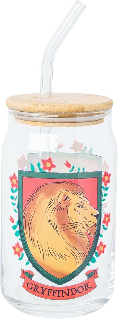Silver Buffalo Harry Potter Hogwarts Gryffindor House Crest Glass Jar Tumbler with Bamboo Lid and Glass Straw, 16 Ounces