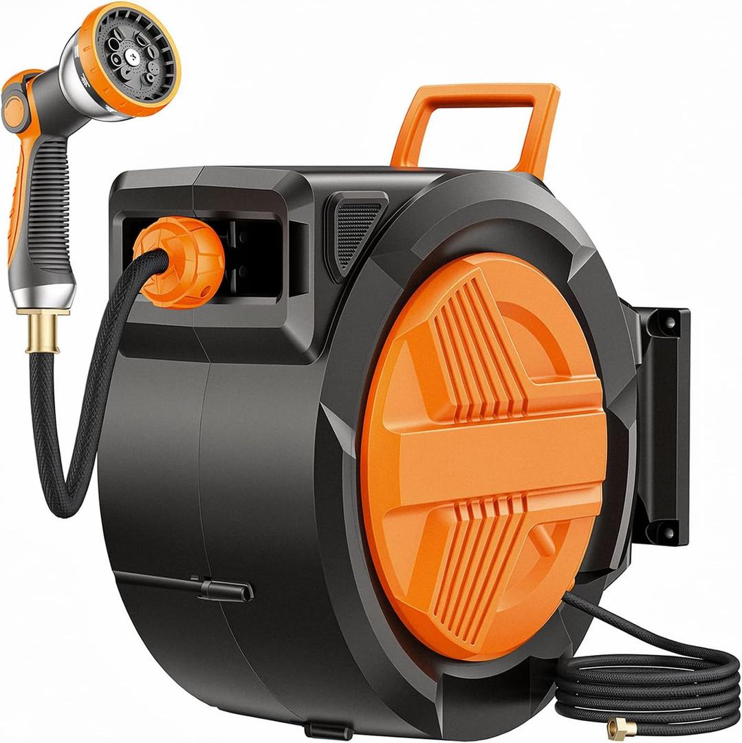 Retractable Garden Hose Reel 1/2” x 150ft, Auto Rewind Hose Reels for Outside, Heavy-Duty Wall-Mounted Outdoor Hose, 10-Mode Nozzle, Adjustable Length, 180° Rotation for Watering, Car Washing