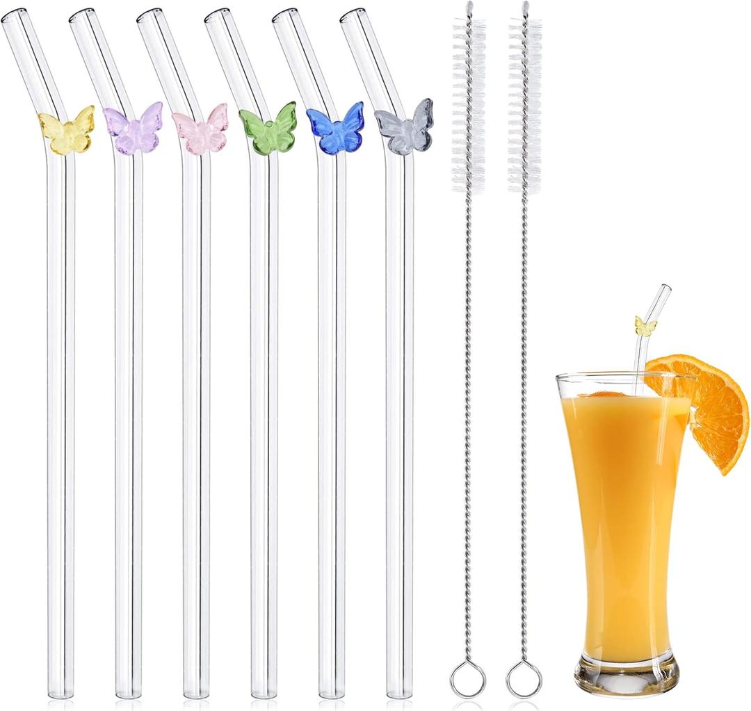 Reusable Glass Straws with Colorful Butterfly, 5 PCS Reusable Straws with 2 Cleaning Brushes, Shatter Resistant Clear Glass Straw Dishwasher Safe for Cocktailc Smoothies Milkshakes Teas