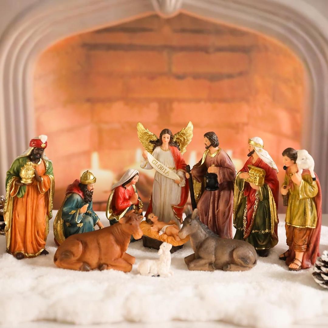 Nativity Set 5.7 Inch 11 PCS Christmas Village Nativity Scene Indoor Collectible Bulidings Nativity Sets & Figures Vintage Xmas Holiday Decorations Displays (Gold)