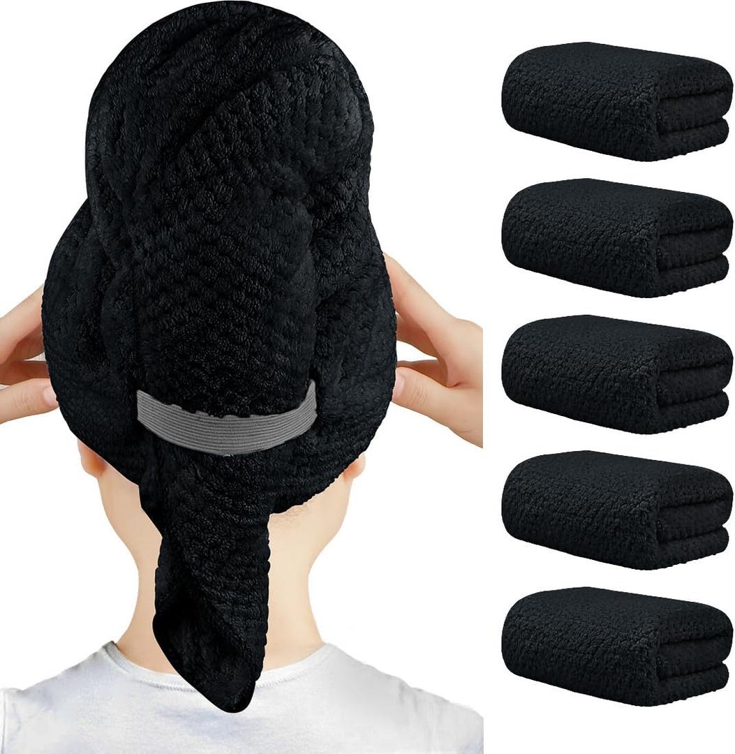 HOMEXCEL 3 Pack Large Microfiber Hair Towel Wrap for Women, Black- 40 x 20 inches Super Soft, Fast Drying Turbans for Long, Thick, Curly Hair - Anti Frizz Wrap with Elastic Strap