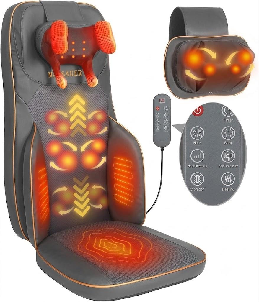 Shiatsu Neck and Back Massager for Pain Relief Deep Tissue | 4D Rolling Kneading Vibration Massage Chair Pad, Custom Intensity Heat Therapy for Home Office Chair, Holiday Gift
