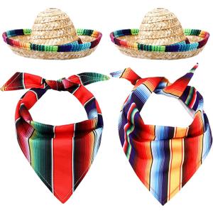 4 Pcs Cinco de Mayo Dog Bandana Cinco de Mayo Fiesta Fabric and Straw Sombrero Headbands Triangle Dog Sombrero Hat for Small Medium Pets Puppies Outdoor Colorful Serape Mexican Dog Gift Kids