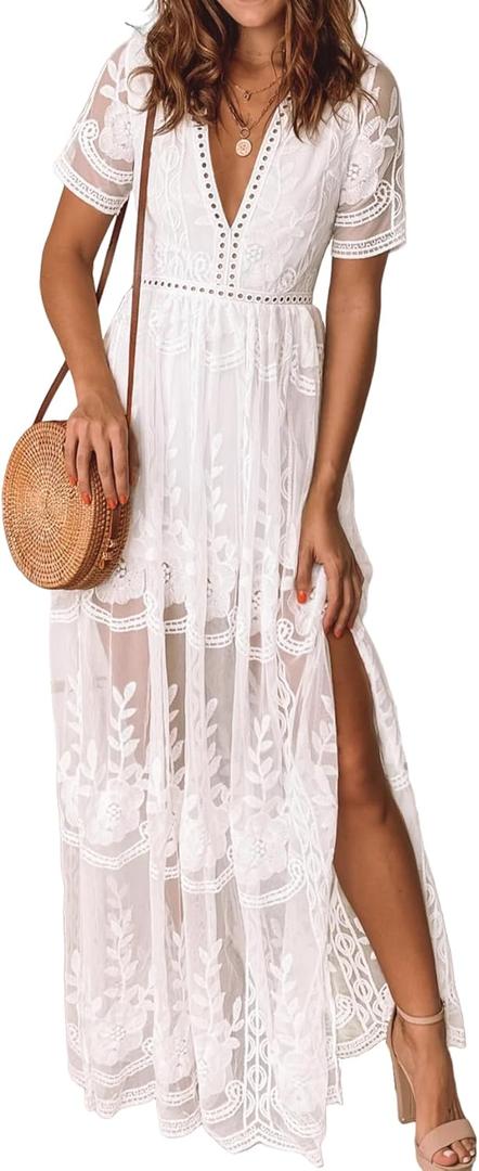 Women's Casual Off Shoulder Lace Maxi Dress Boho White Bridesmaid Wedding Evening Party Dresses (Large)