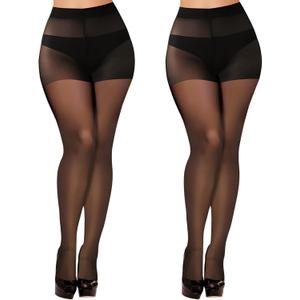Buauty 2 Pairs Sheer Black Tights for Women -20D High Waist women's Pantyhose,Plus Size Nylon Stockings (X-Large)
