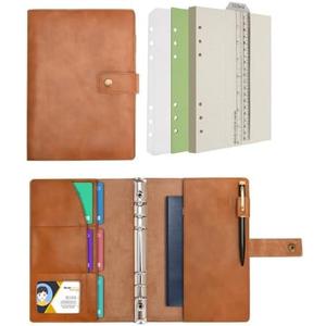 WONDERPOOL Leather Journal Refillable Notebook Spiral Diary Binder Portfolio - A5 Dotted Paper & Inner Pockets for Travel Work and Personal Organizer (Brown, A5)