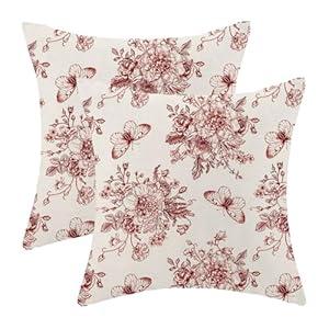Chinoiserie Wine Red Floral Pillow Covers 16x16 Set of 2, Chinoiserie Print Outdoor Decorative Vintage Wine Red Flower Throw Pillows Butterfly Flower Couch Cushion Case for Chair Sofa Bedroom