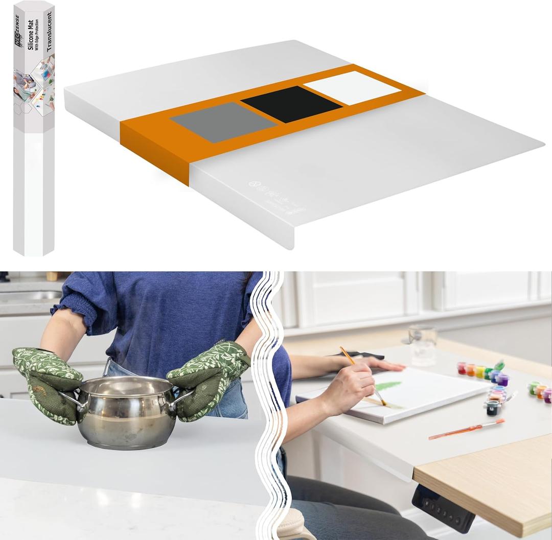 Silicone Mat for Kitchen Counter with "Edge Protection" Quartz Countertop Protector Mats Silicone Heat Resistant Mat No Folds or Wrinkles 1.5mm Thick, 24"x16", Translucent