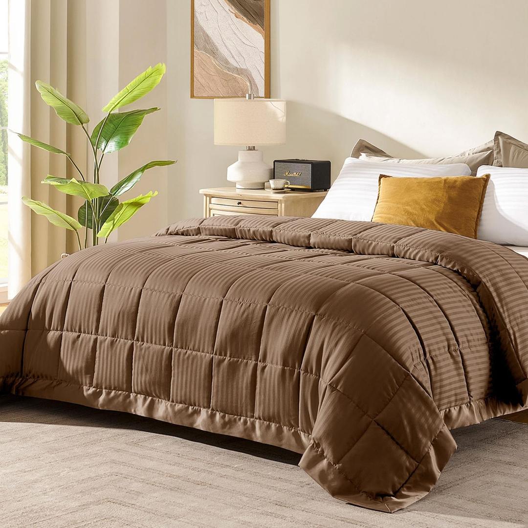 downluxe Queen Size Blanket with Satin Trim, Lightweight Down Alternative Blankets Queen Size for All Season, Machine Washable (Brown, 90x90 Inch)
