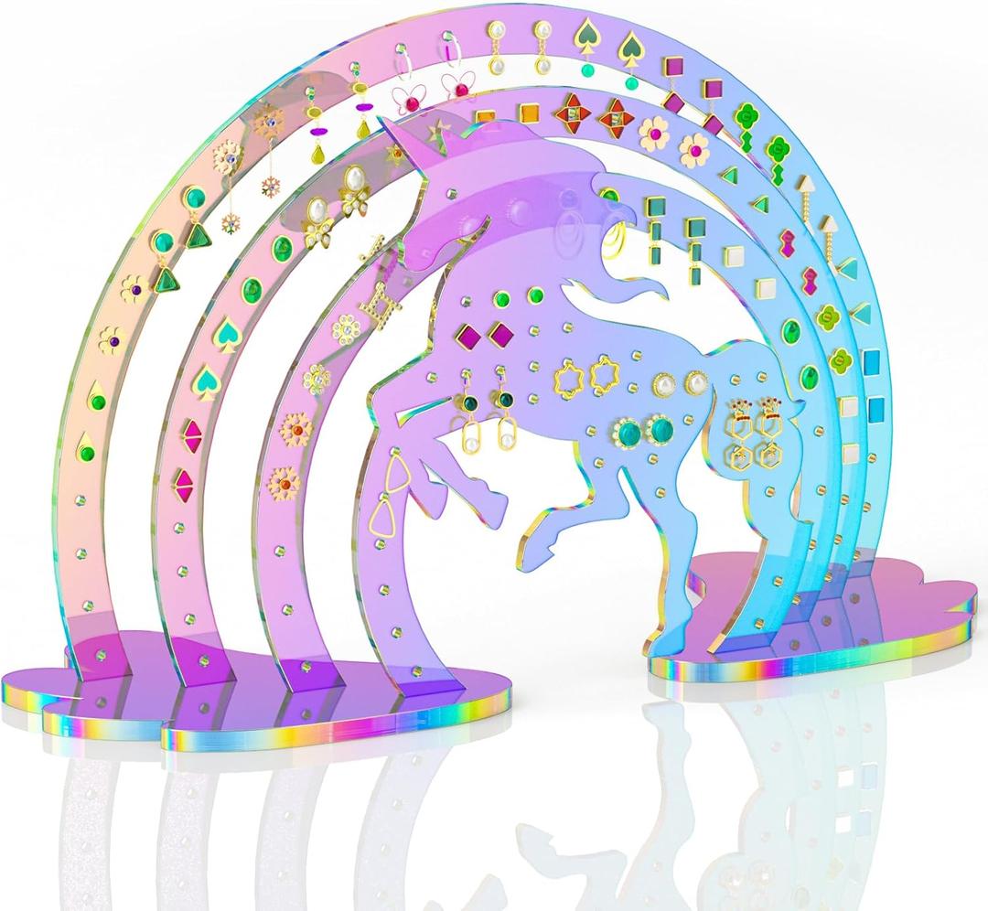 Iridescent Acrylic Unicorn Rainbow Earring Organizer, 132 Holes for 66 Pairs Jewelry Display Stand, Plastic Iridescent Clear Acrylic Earring Rack Holder Organizer for Women
