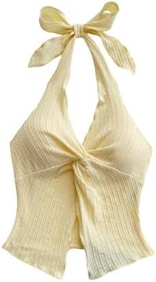 MakeMeChic Women's Halter Top Twist Deep V Neck Open Back Sexy Cute Summer Tank Top Size M
