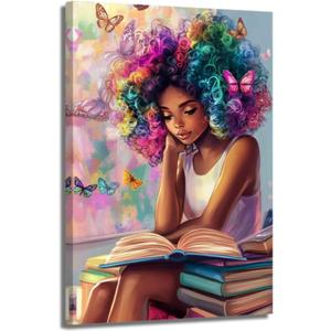 XLMDYYSW African American Wall Art Colourful Black Girl Reading Book Pictures Black Woman Canvas Prints Watercolor Butterfly Painting for Bedroom Decor Framed (Purple, 24L x 16W)