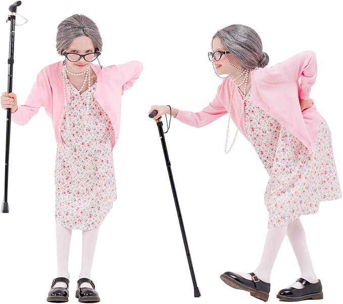 Kids 100 Days of School Costume for Girls, Old Lady Costume wig cardigan sweater and Granny Grandma Set for Child, 120