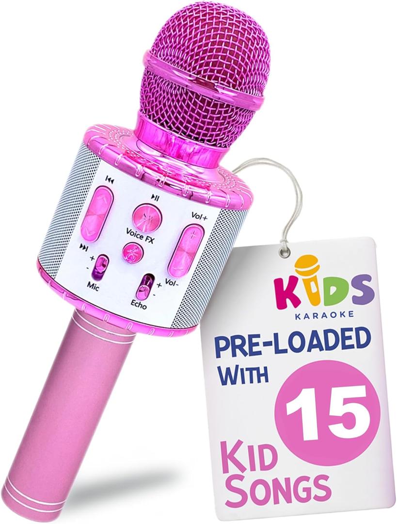 Move2Play, Kids Karaoke Microphone | Includes Pre-Loaded Songs & Bluetooth | Kids Birthday Party Gift | Toy for All Ages 2, 3, 4, 5, 6+ Year Old Girls, Boys & Toddlers (White/Pink)