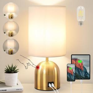 Touch Control Table Lamp for Bedroom, 3 Way Dimmable Modern Gold Bedside Lamps with 2 USB Charging Ports with Metal Base Fabric Shade for Nightstand, Living Room, Home Office (Bulb Included)