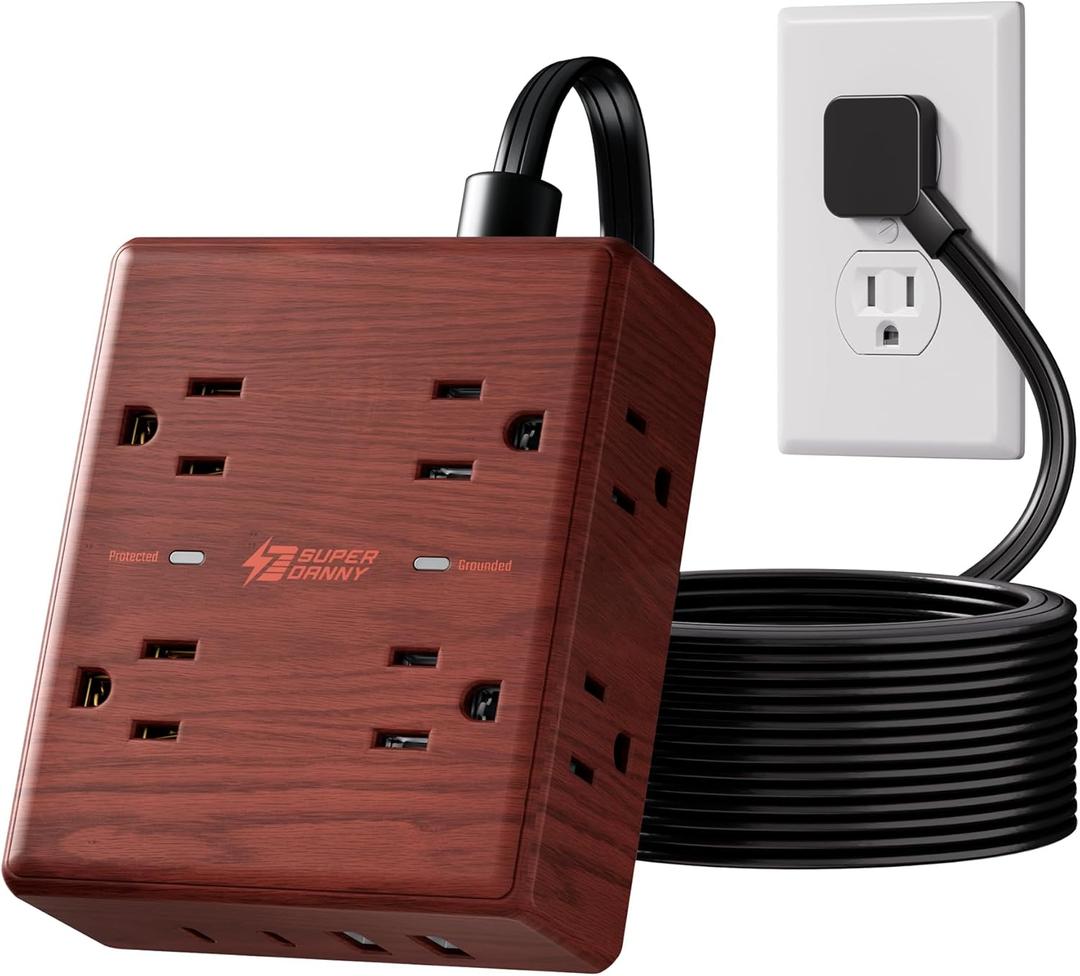 Brown Extension Cord 10Ft, Flat Plug Power Strip Surge Protector, 8 Outlets & 4 USB Ports (2 USB C), Desktop Charging Station Hidden Behind Furniture, Decorative Office Desk Accessories (Walnut Wood)