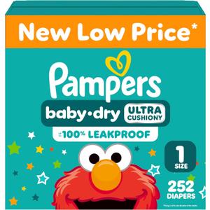 Pampers Baby Dry Ultra Cushiony Diapers, Size 1 (8-14 lbs), 252 Count, Up to 100% Leakproof 