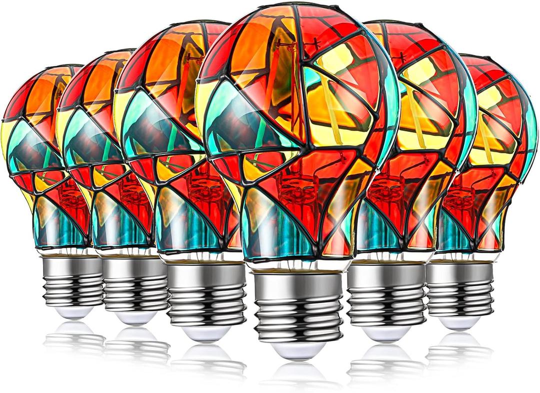 Tarpop 6 Pack Stained Glass Light Bulbs A19 2w (25w Equivalent) E26 Base Rainbow Painted Lightbulb LED Mosaic Stained Glass Lightbulb Multi Colored Colorful Light Bulbs for Home Party Decoration