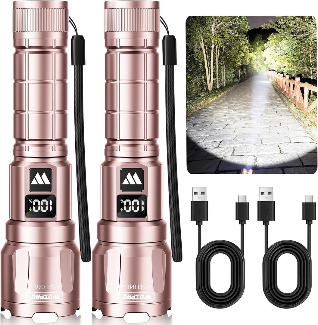 WdtPro LED Rechargeable Flashlight 2 Pack, 3 Modes Super Bright High Lumens Flashlights, Zoomable Tactical Flash Light with LCD Display, IP65 Waterproof Flashlights for Home Emergency Camping - Pink