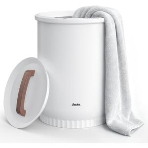 Asuka Towel Warmer for Bathroom - Large Towel Warmer Bucket with Wood Handle, Auto Shut Off, 4 Time Delay Settings, Fits Two 40"X70" Oversized Towels, Bathrobes, Blankets, PJ's and More, White